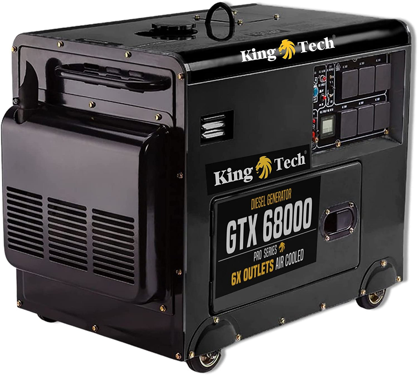 The black Diesel Generator Single Phase 8.4kw Rated Diesel 6kw 13hp Portable labeled GTX 68000 features 6 outlets and air cooling. This portable diesel generator comes equipped with sturdy handles, control panels, and wheels for easier mobility.