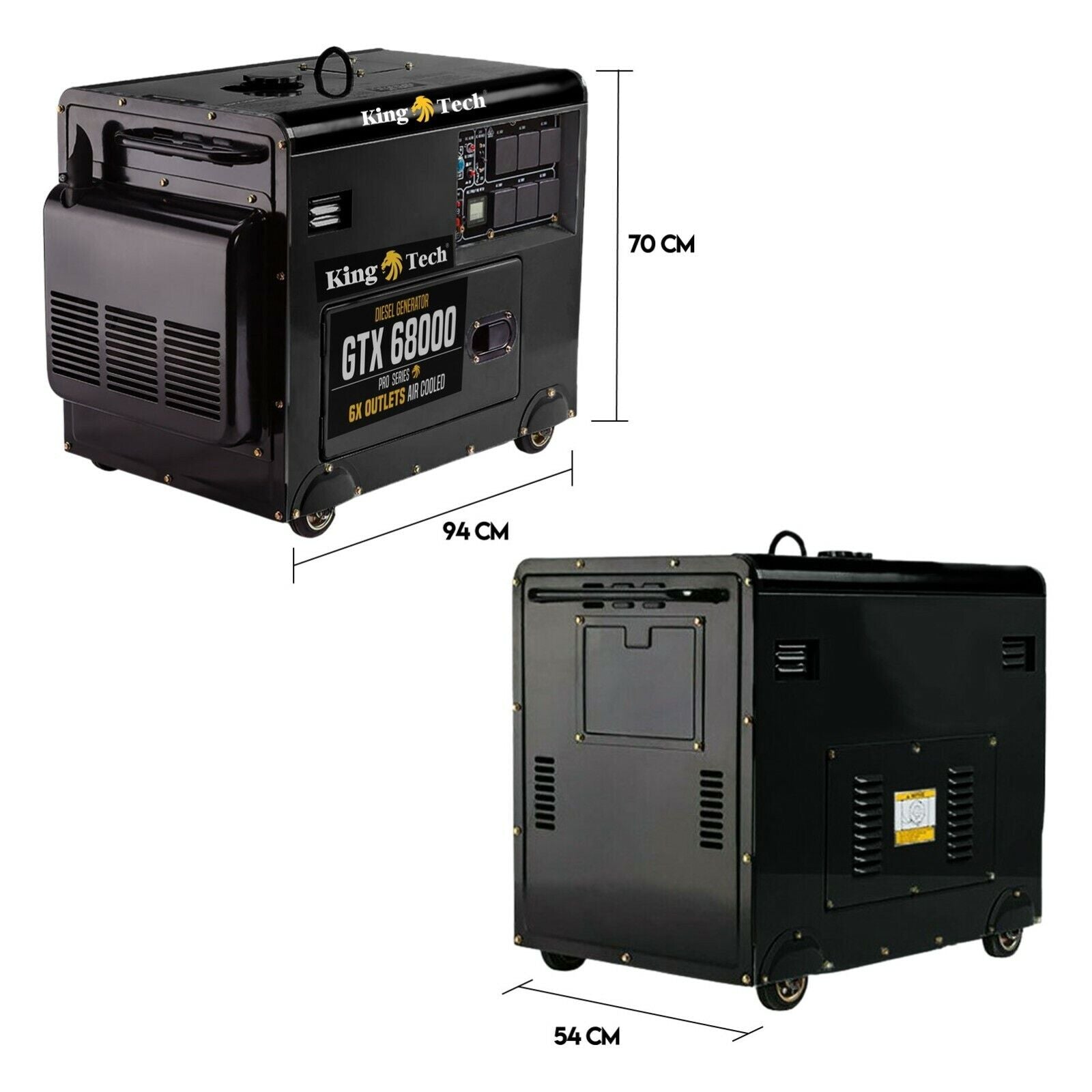 The black Diesel Generator Single Phase 8.4kw Rated Diesel 6kw 13hp Portable labeled GTX 68000 features 6 outlets and air cooling. This portable diesel generator comes equipped with sturdy handles, control panels, and wheels for easier mobility.