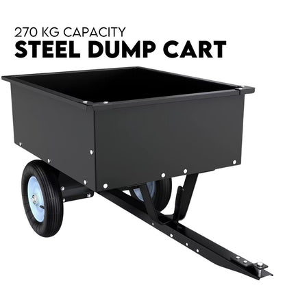 Image of a heavy-duty Steel Dump Cart Garden Tipping Trailer with a loading capacity of 270 kg. The cart features a black rectangular box, pneumatic tires, sturdy wheels, and a tow handle with universal hitch. Text above the cart reads "270 Kg Capacity Steel Dump Cart.