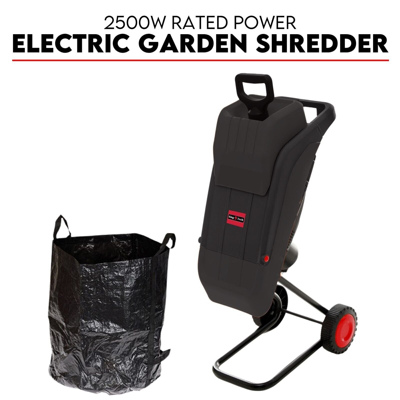 Image of a 2500W Electric Garden Mulcher Shredder Portable Wood Chipper on Wheels with a large black collection bag. The shredder, featuring dual edge blades, is primarily black with red accents and includes two red wheels for mobility. Text above reads "2500W Electric Garden Shredder.