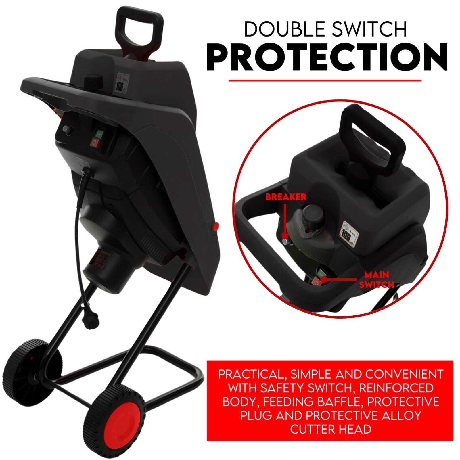 Image of a 2500W Electric Garden Mulcher Shredder Portable Wood Chipper on Wheels with a large black collection bag. The shredder, featuring dual edge blades, is primarily black with red accents and includes two red wheels for mobility. Text above reads "2500W Electric Garden Shredder.