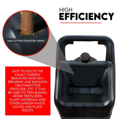 Image of a 2500W Electric Garden Mulcher Shredder Portable Wood Chipper on Wheels with a large black collection bag. The shredder, featuring dual edge blades, is primarily black with red accents and includes two red wheels for mobility. Text above reads "2500W Electric Garden Shredder.