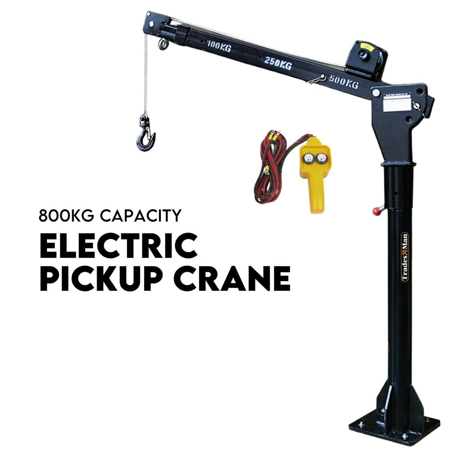 Image of a black electric pickup crane with a lifting capacity of 800kg. The crane hoist has a hook attached to a wire cable winch and a yellow control pendant with red and green buttons. Beside the lightweight portable design, text reads "800kg Electric Hoist Winch Crane 12V Swivel Car Truck UTE Lift 360° Pick Up.