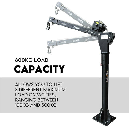 Image of a black electric pickup crane with a lifting capacity of 800kg. The crane hoist has a hook attached to a wire cable winch and a yellow control pendant with red and green buttons. Beside the lightweight portable design, text reads "800kg Electric Hoist Winch Crane 12V Swivel Car Truck UTE Lift 360° Pick Up.