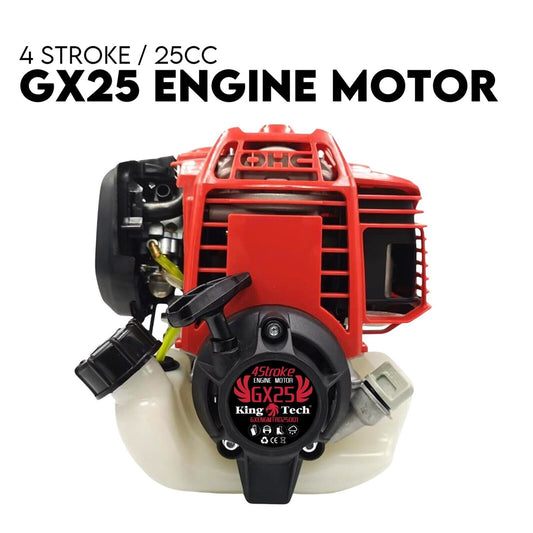 Close-up of a 4 Stroke Engine Motor for Brushcutter Trimmer Brush Cutter Honda GX25 Replace with a red casing, labeled "4 Stroke / 25CC GX25 Engine Motor" and "King Tech GX25" on the pull start. This high-efficiency engine, perfect for hand-held power equipment, includes a fuel tank, pull start mechanism, and various engine components.