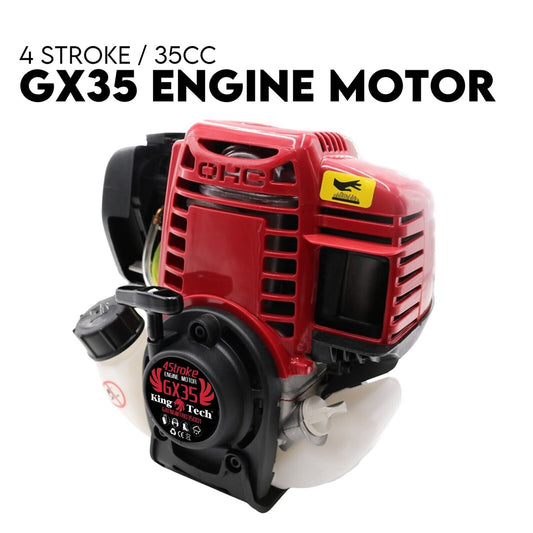 Image of a red 4-stroke 35cc GX35 engine motor. The motor has a black base with a label that reads "King Tech GX35". The letters "OHC" are embossed on the red casing. Known for its fuel-efficient performance and low vibration, this 360° 4-stroke engine is set against a plain white background with text above reading "4 Stroke / 4 Stroke Engine Honda Gx35 Copy Motor Brushcutter Trimmer Brush Cutter".