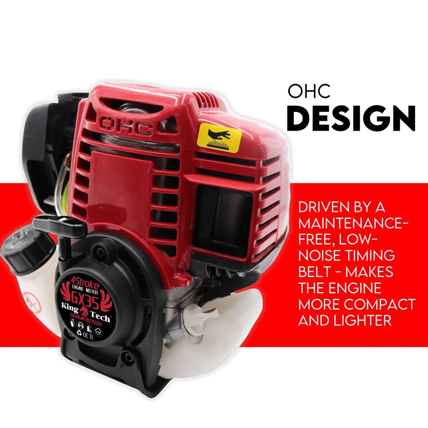 Image of a red 4-stroke 35cc GX35 engine motor. The motor has a black base with a label that reads "King Tech GX35". The letters "OHC" are embossed on the red casing. Known for its fuel-efficient performance and low vibration, this 360° 4-stroke engine is set against a plain white background with text above reading "4 Stroke / 4 Stroke Engine Honda Gx35 Copy Motor Brushcutter Trimmer Brush Cutter".