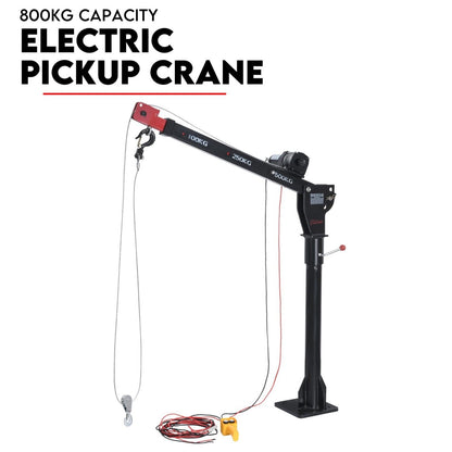 Image of a landscapers tool, an electric pickup crane with a capacity of 800 kg. The swivel crane hoist is mounted on a vertical base with a horizontal arm labeled with increments of 100 kg, 250 kg, and 500 kg. Cables and a control pendant are visible hanging from the arm. Text reads "800kg Electric Hoist Winch Crane 12V Swivel Car Truck UTE Lift 360° Pick Up.