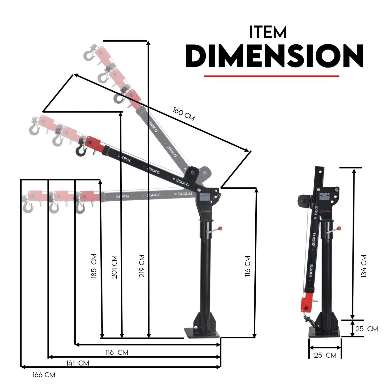 Image of a landscapers tool, an electric pickup crane with a capacity of 800 kg. The swivel crane hoist is mounted on a vertical base with a horizontal arm labeled with increments of 100 kg, 250 kg, and 500 kg. Cables and a control pendant are visible hanging from the arm. Text reads "800kg Electric Hoist Winch Crane 12V Swivel Car Truck UTE Lift 360° Pick Up.