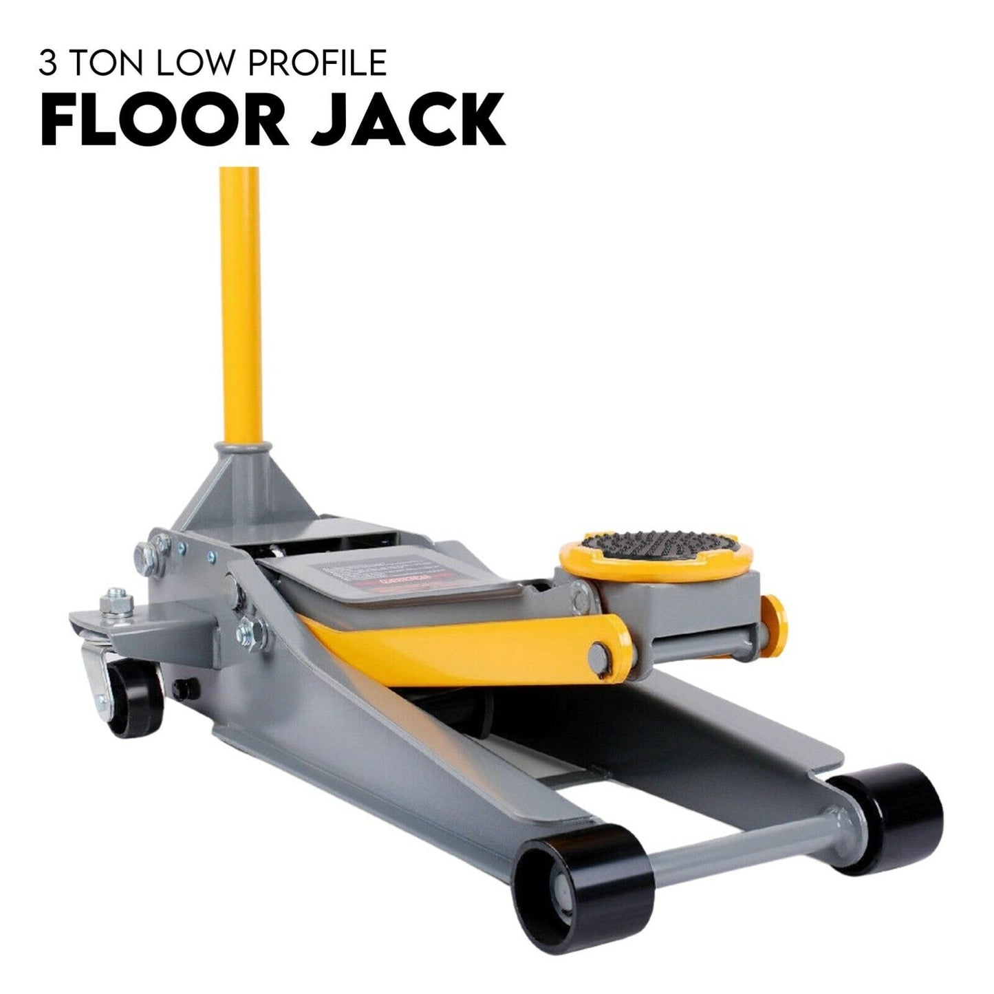 Image of a Hydraulic Floor Jack 3T Trolley Low Profile Car Track Quick Lifting 75-500mm with a yellow and gray design. The hydraulic jack features a long handle for leverage, four wheels for mobility, and a rubber saddle to lift vehicles safely. Text in the image reads "3 TON LOW PROFILE FLOOR JACK.