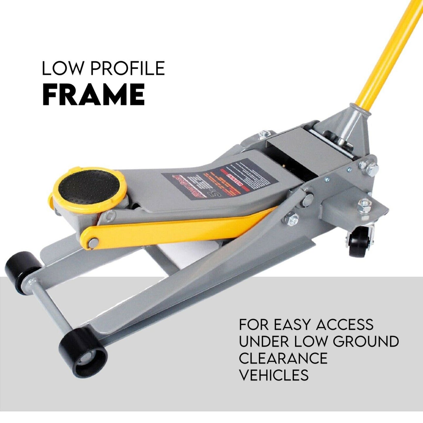 Image of a Hydraulic Floor Jack 3T Trolley Low Profile Car Track Quick Lifting 75-500mm with a yellow and gray design. The hydraulic jack features a long handle for leverage, four wheels for mobility, and a rubber saddle to lift vehicles safely. Text in the image reads "3 TON LOW PROFILE FLOOR JACK.