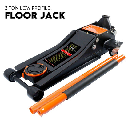 A black and orange Hydraulic Floor Jack 3T Trolley Low Profile Car Track Quick Lifting 75-500mm with a low profile and a capacity of 3 tons is shown. The product features an attached long handle and sturdy construction designed for heavy lifting. The brand name "TradesMan" is visible on the side, attesting to its reliable performance as a hydraulic garage jack.