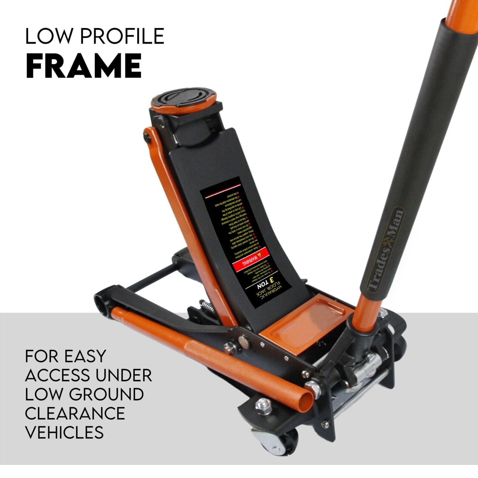 A black and orange Hydraulic Floor Jack 3T Trolley Low Profile Car Track Quick Lifting 75-500mm with a low profile and a capacity of 3 tons is shown. The product features an attached long handle and sturdy construction designed for heavy lifting. The brand name "TradesMan" is visible on the side, attesting to its reliable performance as a hydraulic garage jack.