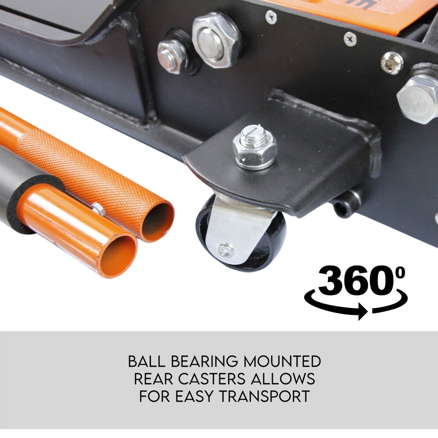 A black and orange Hydraulic Floor Jack 3T Trolley Low Profile Car Track Quick Lifting 75-500mm with a low profile and a capacity of 3 tons is shown. The product features an attached long handle and sturdy construction designed for heavy lifting. The brand name "TradesMan" is visible on the side, attesting to its reliable performance as a hydraulic garage jack.