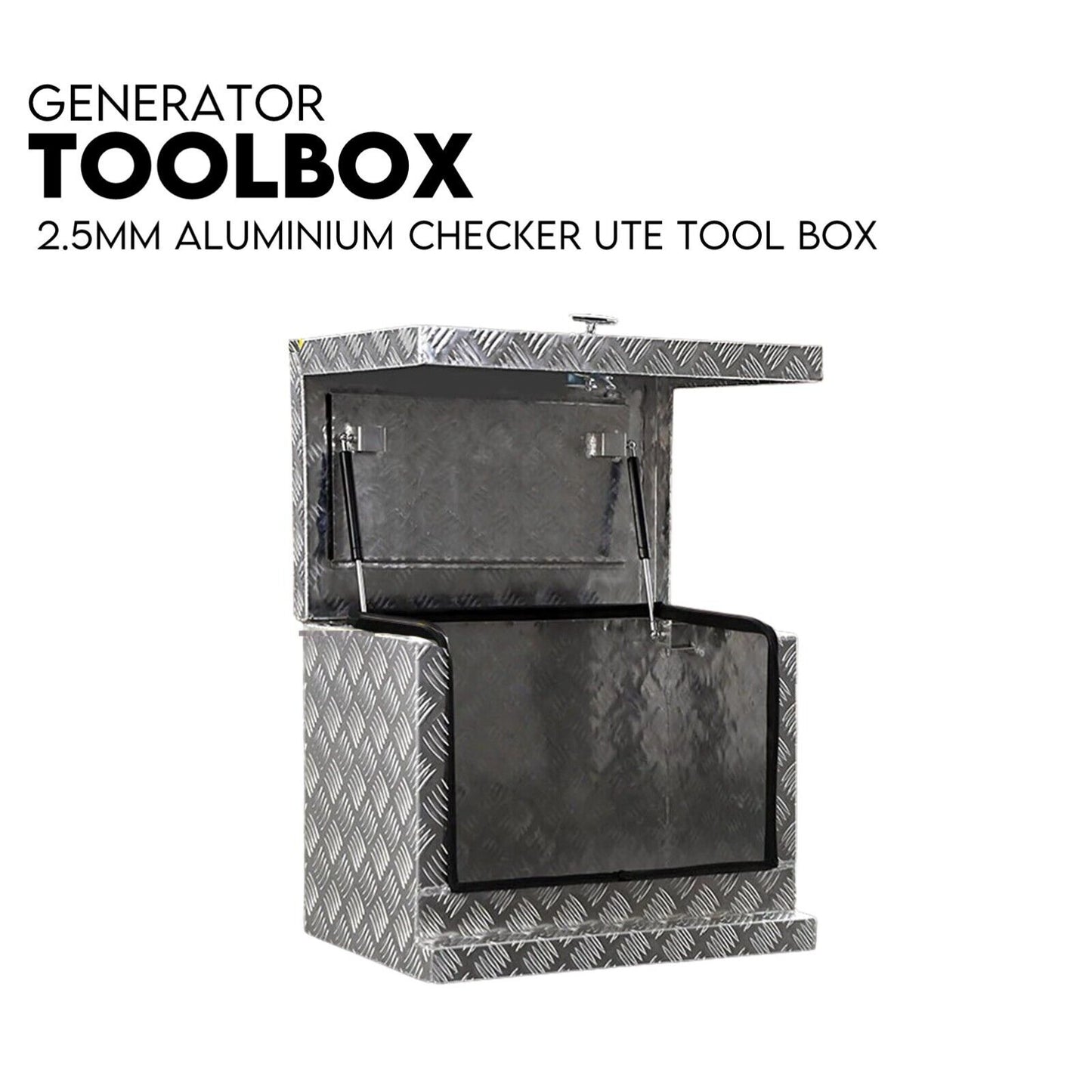 An open aluminum checkerplate toolbox with a lid and front panel lifted up, displaying the inside storage compartment. Labeled "Aluminium Toolbox Ute Tool box Generator Trailer Truck Canopy 620x400x500," it features weather-resistant, heavy-duty locks. The metal has a rugged texture and industrial appearance.