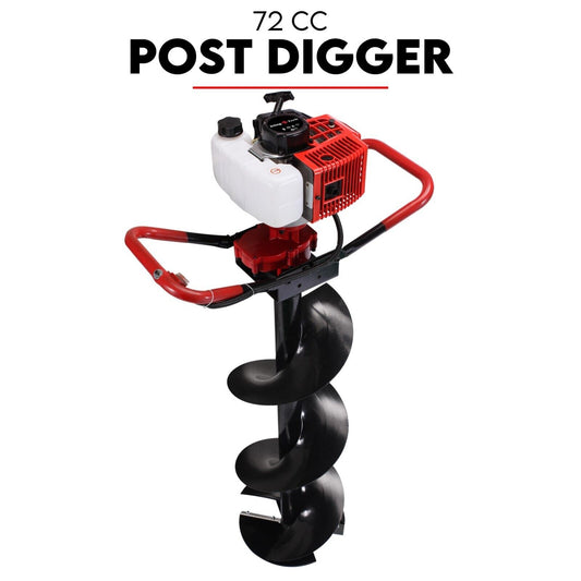 The image shows a Post Hole Digger 72cc Earth Auger Fence Borer Garden Multiple Drills Bit. The post digger is red and black, with a white engine housing and a black auger blade. It's designed for digging holes for posts, and the product name is prominently displayed above the tool.