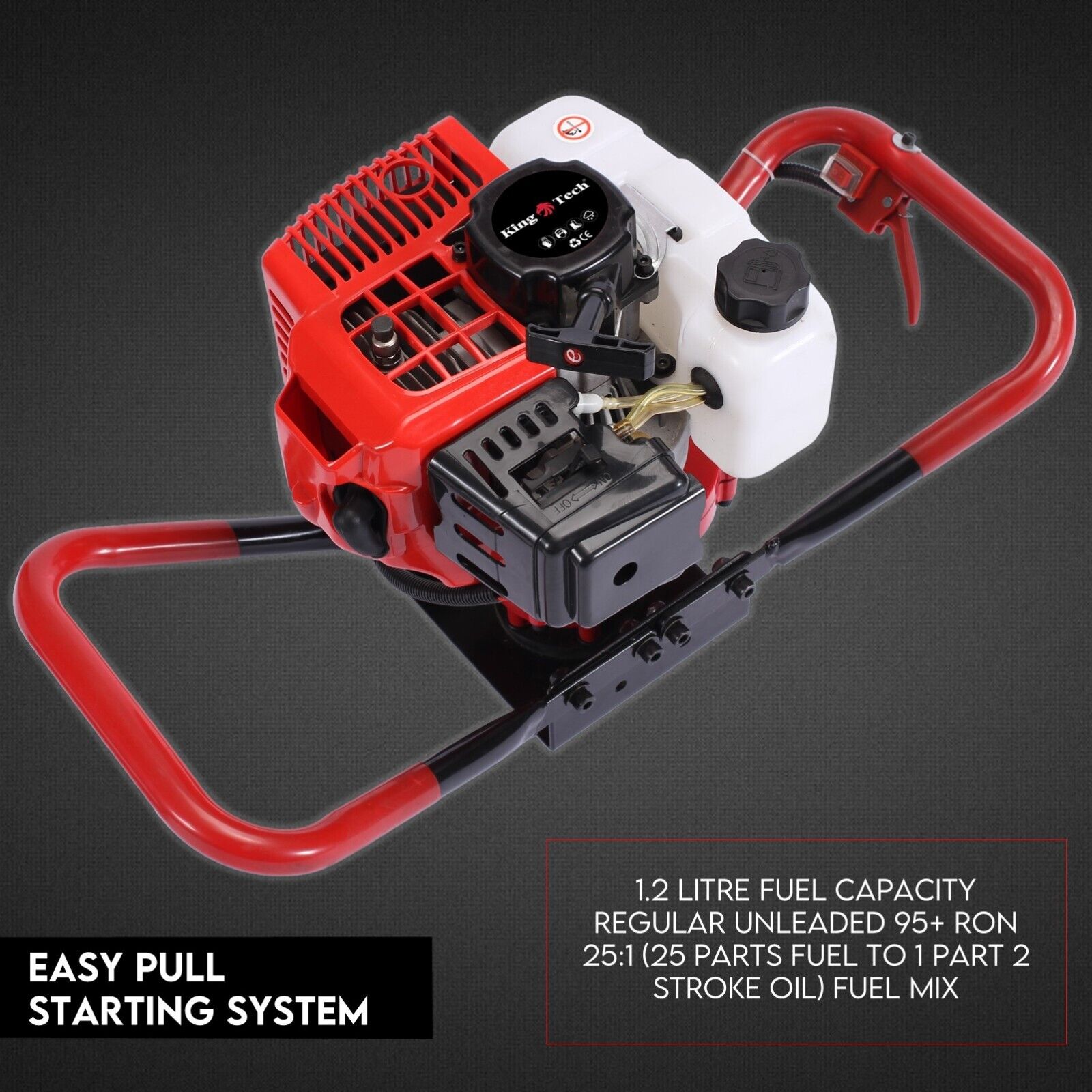 The image shows a Post Hole Digger 72cc Earth Auger Fence Borer Garden Multiple Drills Bit. The post digger is red and black, with a white engine housing and a black auger blade. It's designed for digging holes for posts, and the product name is prominently displayed above the tool.