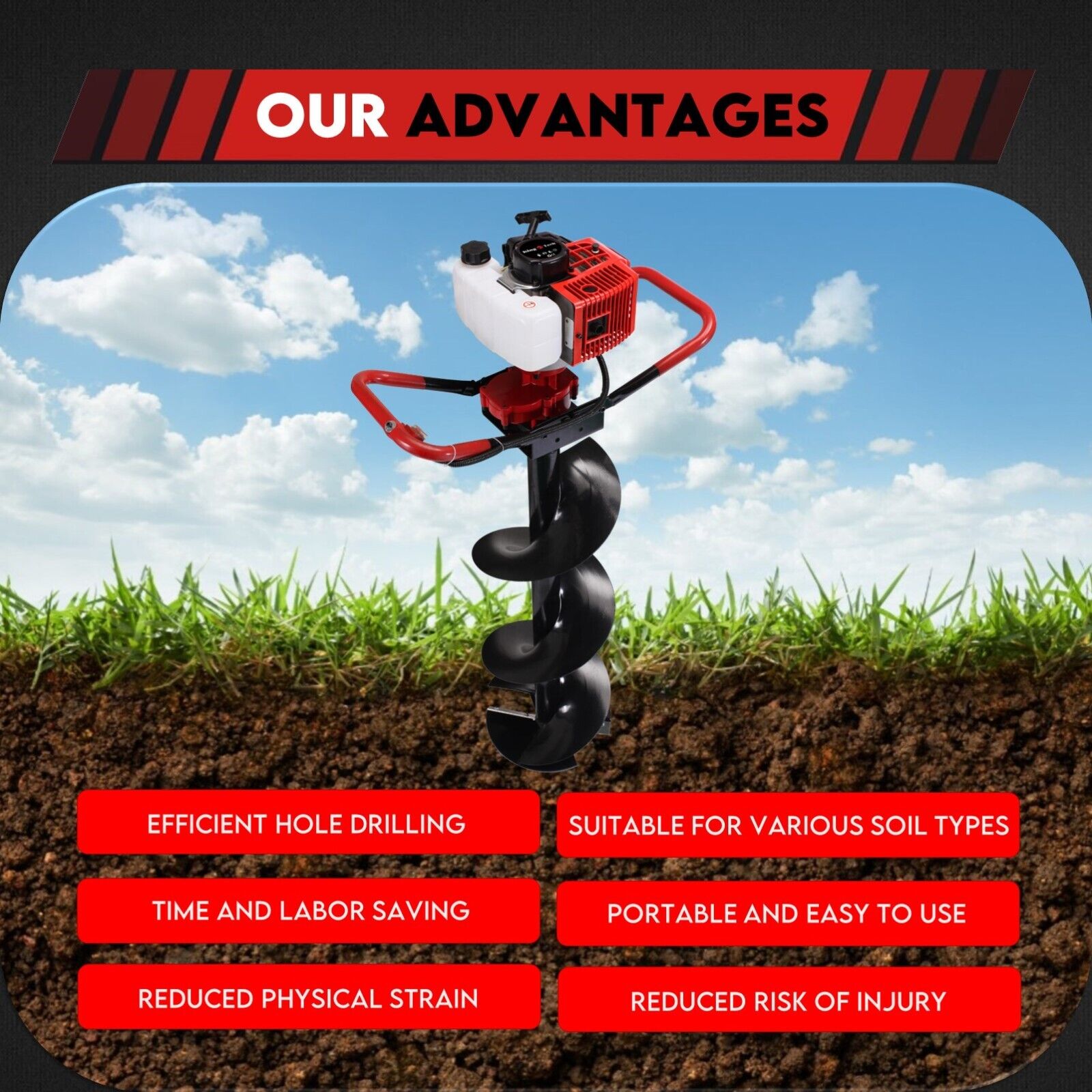 The image shows a Post Hole Digger 72cc Earth Auger Fence Borer Garden Multiple Drills Bit. The post digger is red and black, with a white engine housing and a black auger blade. It's designed for digging holes for posts, and the product name is prominently displayed above the tool.