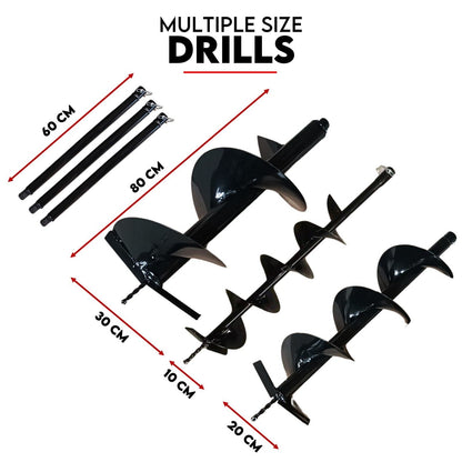 The image shows a Post Hole Digger 72cc Earth Auger Fence Borer Garden Multiple Drills Bit. The post digger is red and black, with a white engine housing and a black auger blade. It's designed for digging holes for posts, and the product name is prominently displayed above the tool.