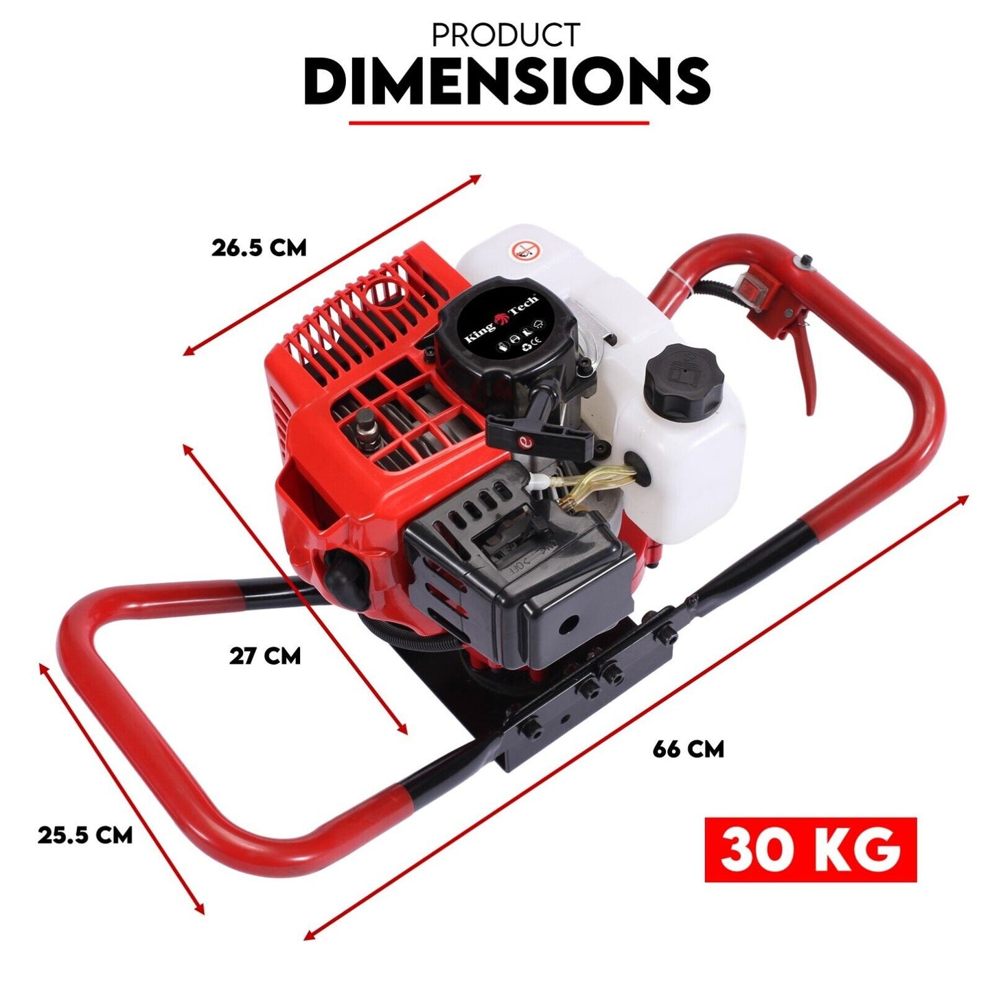 The image shows a Post Hole Digger 72cc Earth Auger Fence Borer Garden Multiple Drills Bit. The post digger is red and black, with a white engine housing and a black auger blade. It's designed for digging holes for posts, and the product name is prominently displayed above the tool.