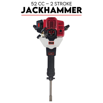 Image of the 2 Stroke Petrol Demolition Jackhammer Concrete Tile Breaker 52cc Jack Hammer. The jackhammer features a striking red engine unit accented with black and white components, with its branding prominently displayed. Bold text at the top declares "52 CC – 2 STROKE JACKHAMMER" to emphasize its powerful impact energy.