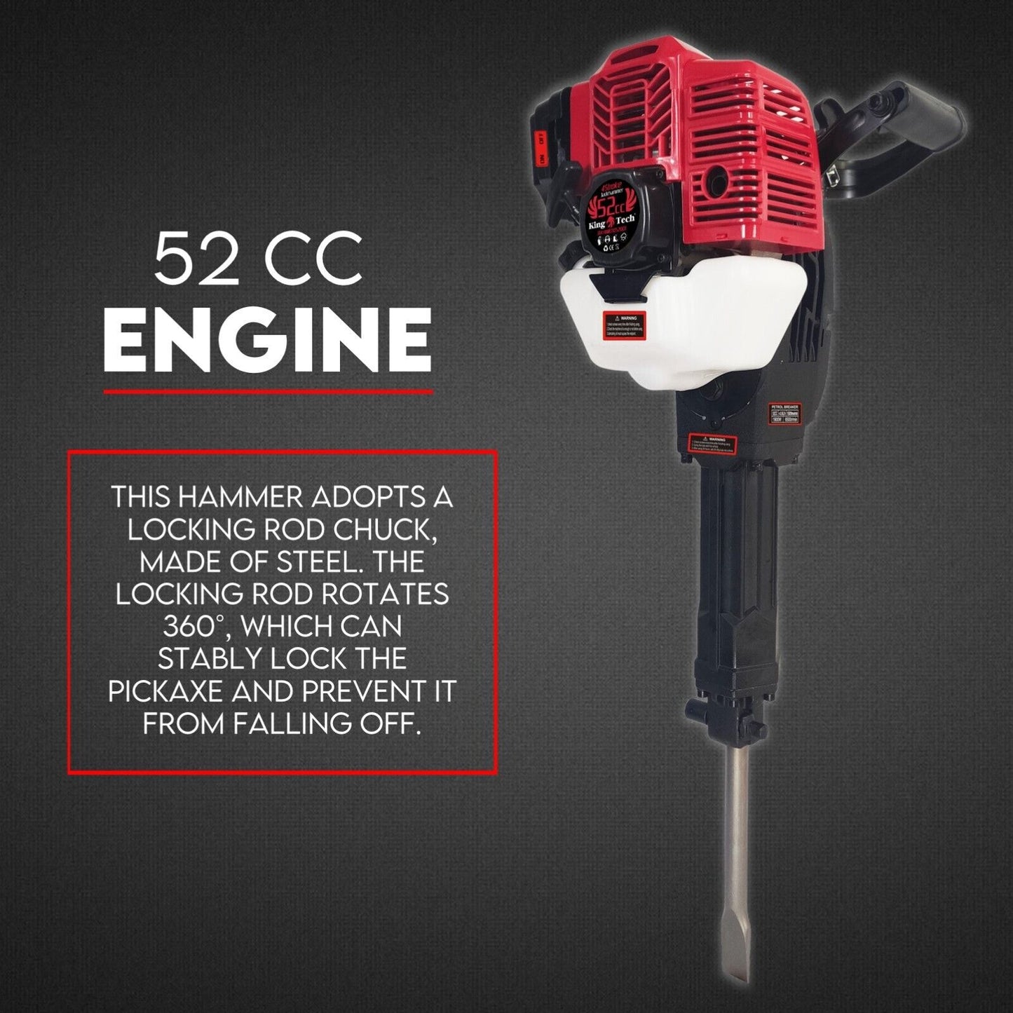 Image of the 2 Stroke Petrol Demolition Jackhammer Concrete Tile Breaker 52cc Jack Hammer. The jackhammer features a striking red engine unit accented with black and white components, with its branding prominently displayed. Bold text at the top declares "52 CC – 2 STROKE JACKHAMMER" to emphasize its powerful impact energy.