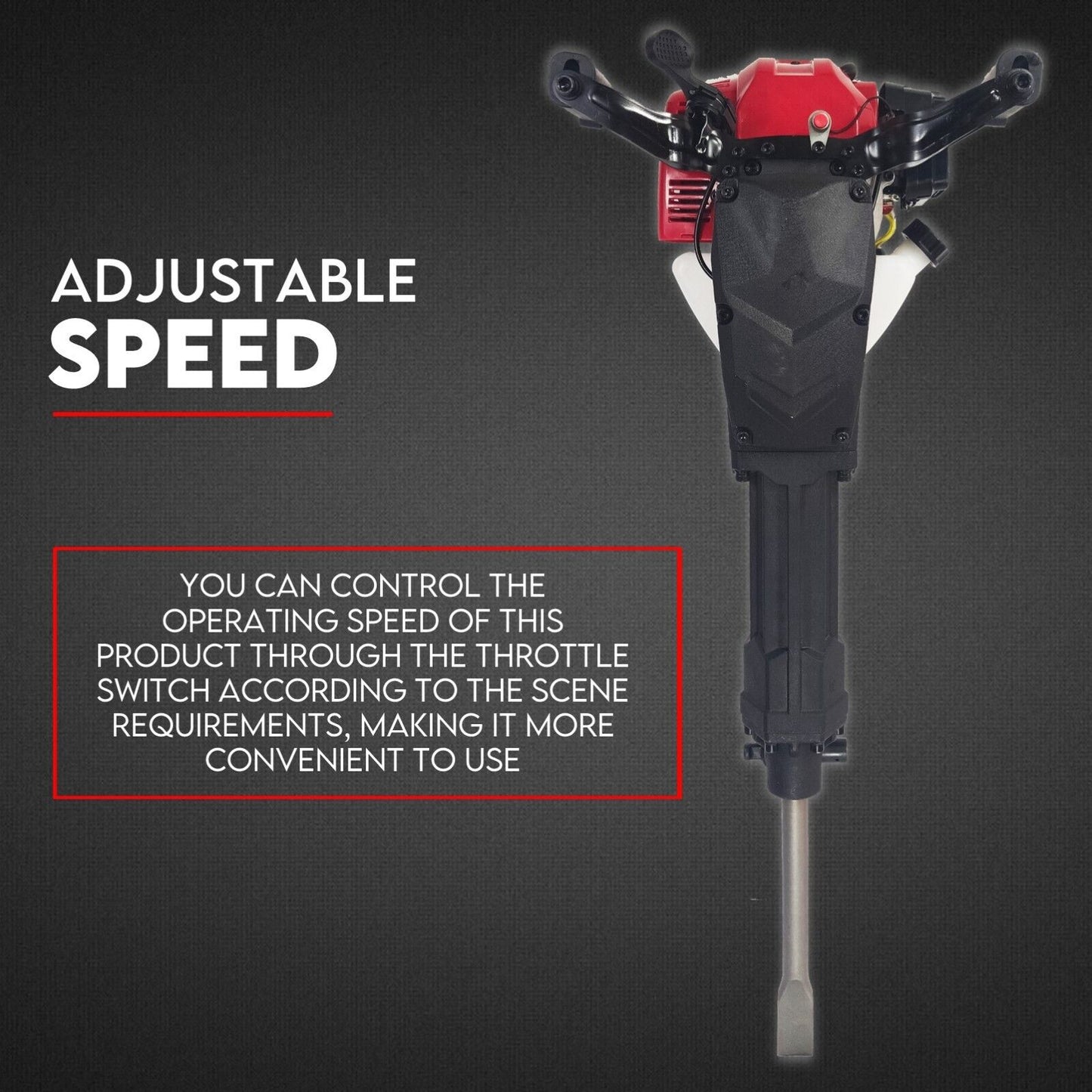 Image of the 2 Stroke Petrol Demolition Jackhammer Concrete Tile Breaker 52cc Jack Hammer. The jackhammer features a striking red engine unit accented with black and white components, with its branding prominently displayed. Bold text at the top declares "52 CC – 2 STROKE JACKHAMMER" to emphasize its powerful impact energy.