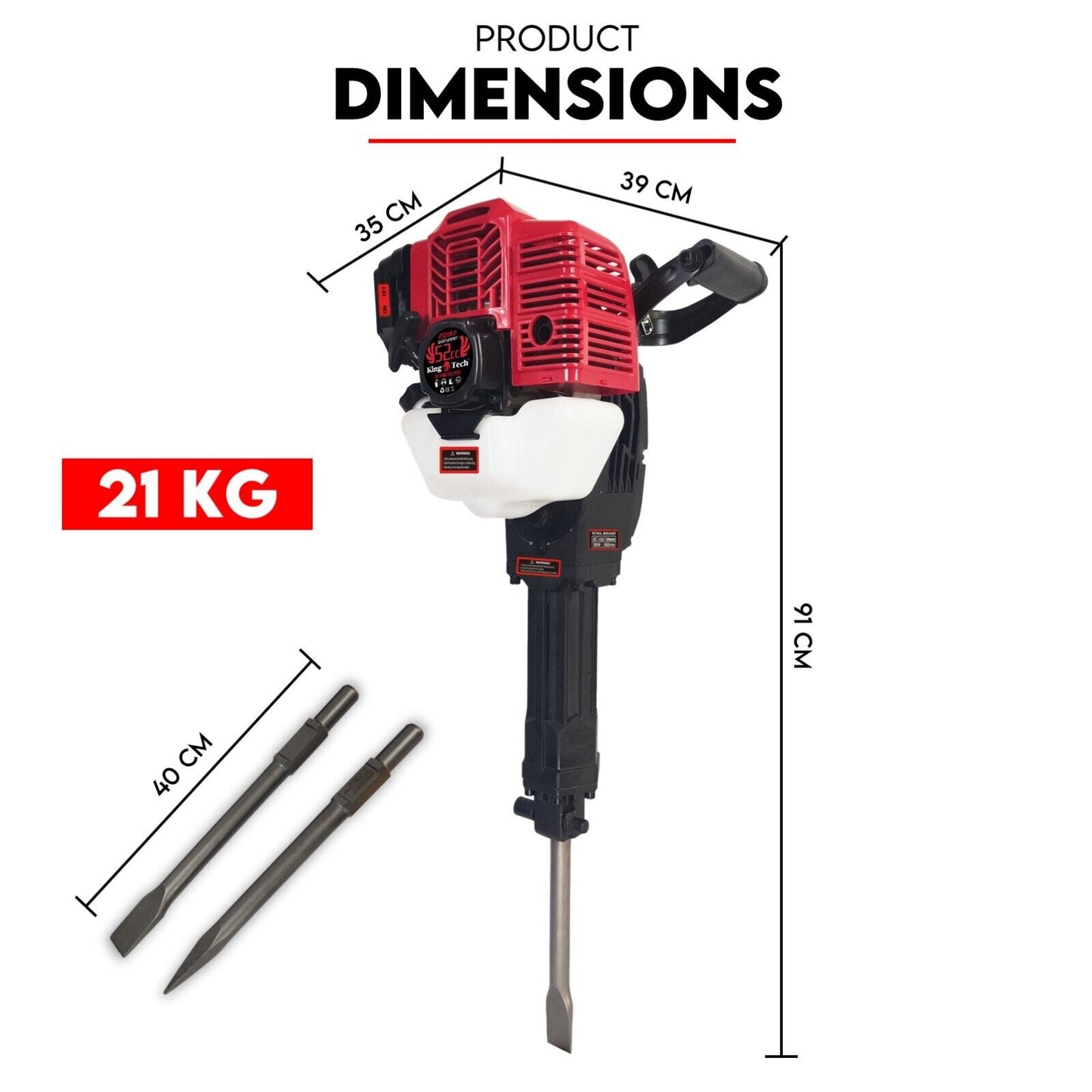 Image of the 2 Stroke Petrol Demolition Jackhammer Concrete Tile Breaker 52cc Jack Hammer. The jackhammer features a striking red engine unit accented with black and white components, with its branding prominently displayed. Bold text at the top declares "52 CC – 2 STROKE JACKHAMMER" to emphasize its powerful impact energy.