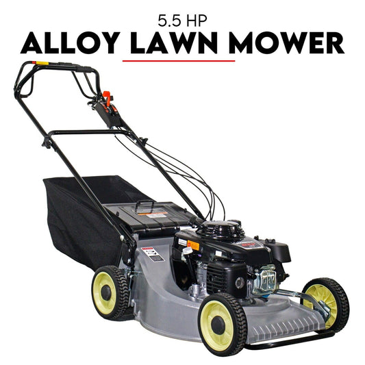 A black and gray self-propelled 21" alloy lawn mower with a 5.5 HP Honda engine, featuring a push handle, yellow-rimmed wheels, and a rear-attached grass-catching bag. This model boasts a compact 4-stroke engine with visible controls and cables. Text above reads "5.5 HP ALLOY LAWN MOWER.