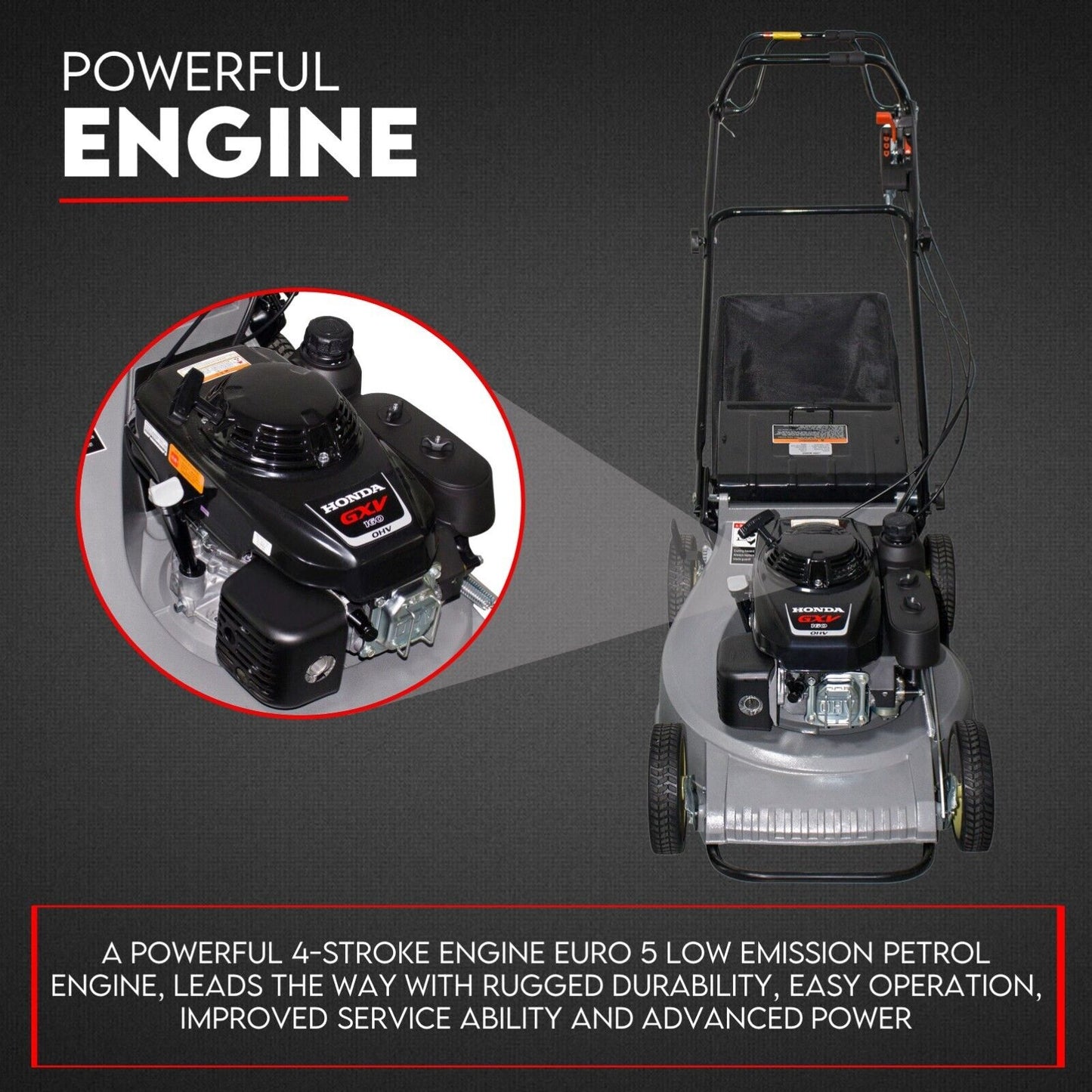 A black and gray self-propelled 21" alloy lawn mower with a 5.5 HP Honda engine, featuring a push handle, yellow-rimmed wheels, and a rear-attached grass-catching bag. This model boasts a compact 4-stroke engine with visible controls and cables. Text above reads "5.5 HP ALLOY LAWN MOWER.