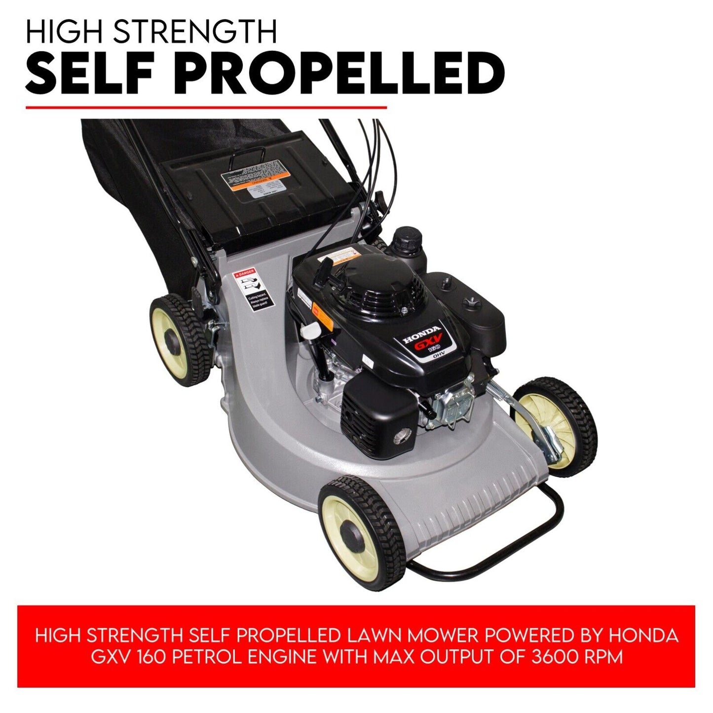 A black and gray self-propelled 21" alloy lawn mower with a 5.5 HP Honda engine, featuring a push handle, yellow-rimmed wheels, and a rear-attached grass-catching bag. This model boasts a compact 4-stroke engine with visible controls and cables. Text above reads "5.5 HP ALLOY LAWN MOWER.