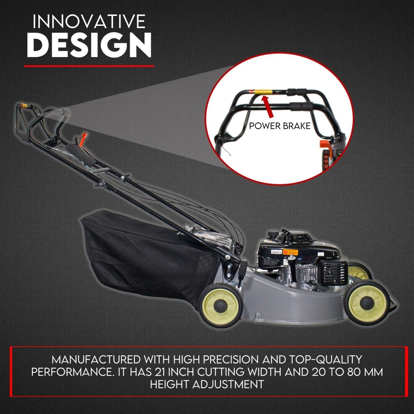 A black and gray self-propelled 21" alloy lawn mower with a 5.5 HP Honda engine, featuring a push handle, yellow-rimmed wheels, and a rear-attached grass-catching bag. This model boasts a compact 4-stroke engine with visible controls and cables. Text above reads "5.5 HP ALLOY LAWN MOWER.