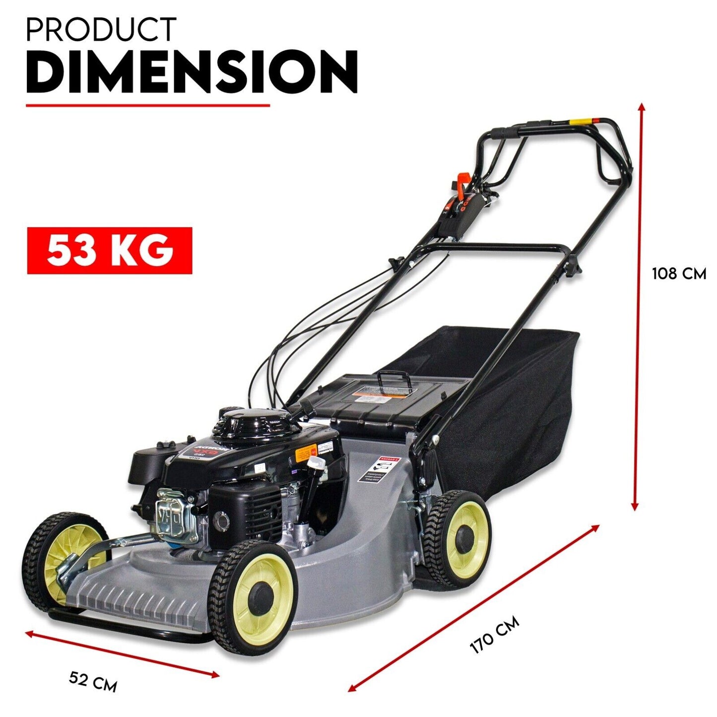 A black and gray self-propelled 21" alloy lawn mower with a 5.5 HP Honda engine, featuring a push handle, yellow-rimmed wheels, and a rear-attached grass-catching bag. This model boasts a compact 4-stroke engine with visible controls and cables. Text above reads "5.5 HP ALLOY LAWN MOWER.