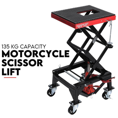 A black and red Motorcycle Scissor Lift Stand 135kg Hydraulic Motorbike Lifter Dirt Bike Jack with a maximum load capacity of 135 kg. The Motorcycle Scissor Lift features a scissor mechanism, four black casters, and a red platform, making it ideal for bike repair and maintenance.