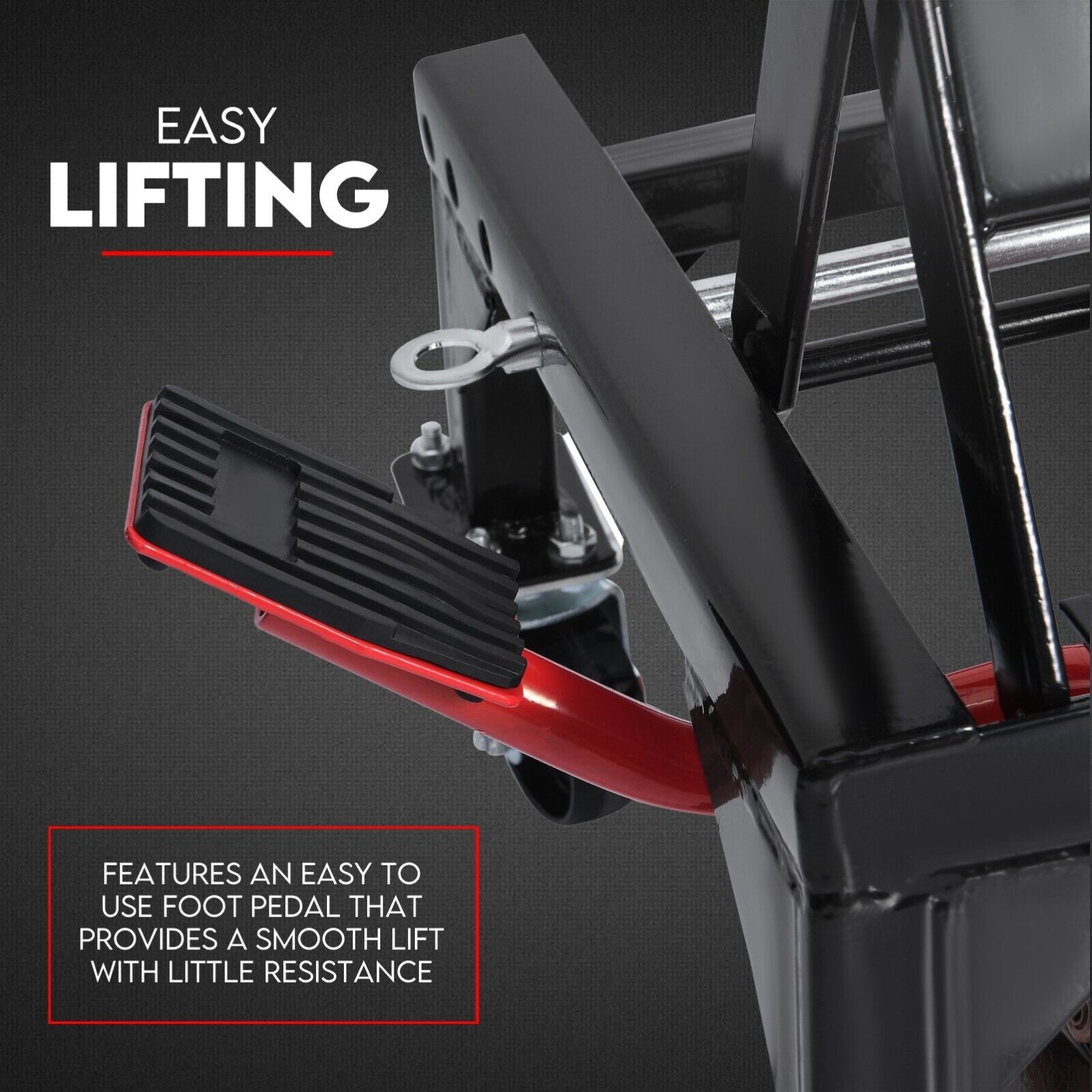 A black and red Motorcycle Scissor Lift Stand 135kg Hydraulic Motorbike Lifter Dirt Bike Jack with a maximum load capacity of 135 kg. The Motorcycle Scissor Lift features a scissor mechanism, four black casters, and a red platform, making it ideal for bike repair and maintenance.