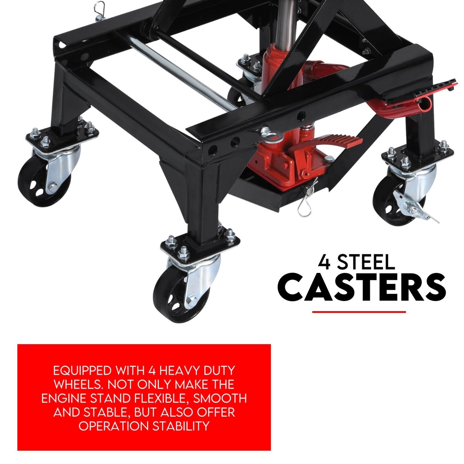 A black and red Motorcycle Scissor Lift Stand 135kg Hydraulic Motorbike Lifter Dirt Bike Jack with a maximum load capacity of 135 kg. The Motorcycle Scissor Lift features a scissor mechanism, four black casters, and a red platform, making it ideal for bike repair and maintenance.