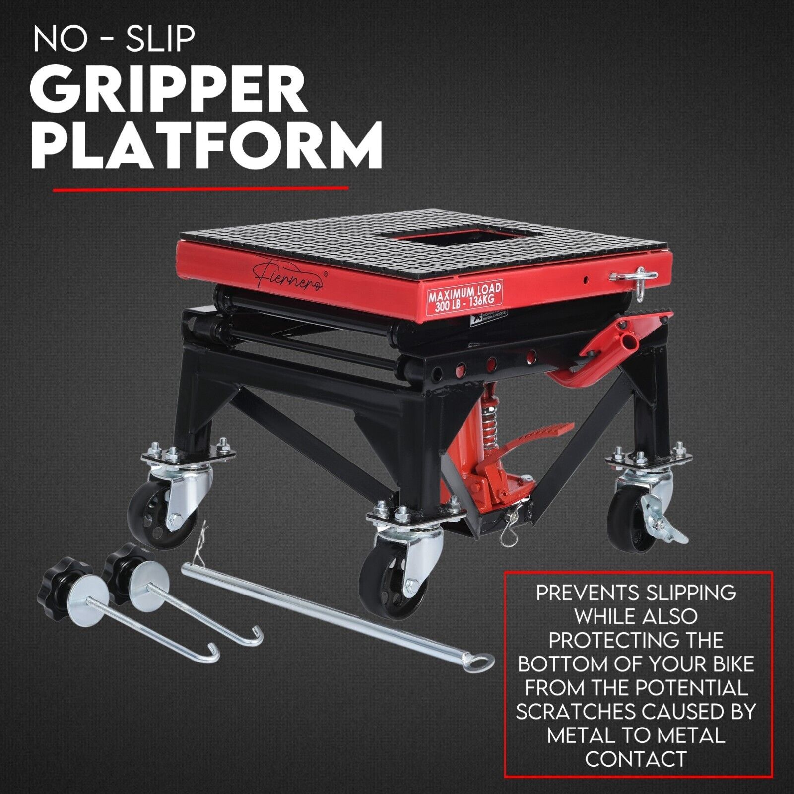 A black and red Motorcycle Scissor Lift Stand 135kg Hydraulic Motorbike Lifter Dirt Bike Jack with a maximum load capacity of 135 kg. The Motorcycle Scissor Lift features a scissor mechanism, four black casters, and a red platform, making it ideal for bike repair and maintenance.