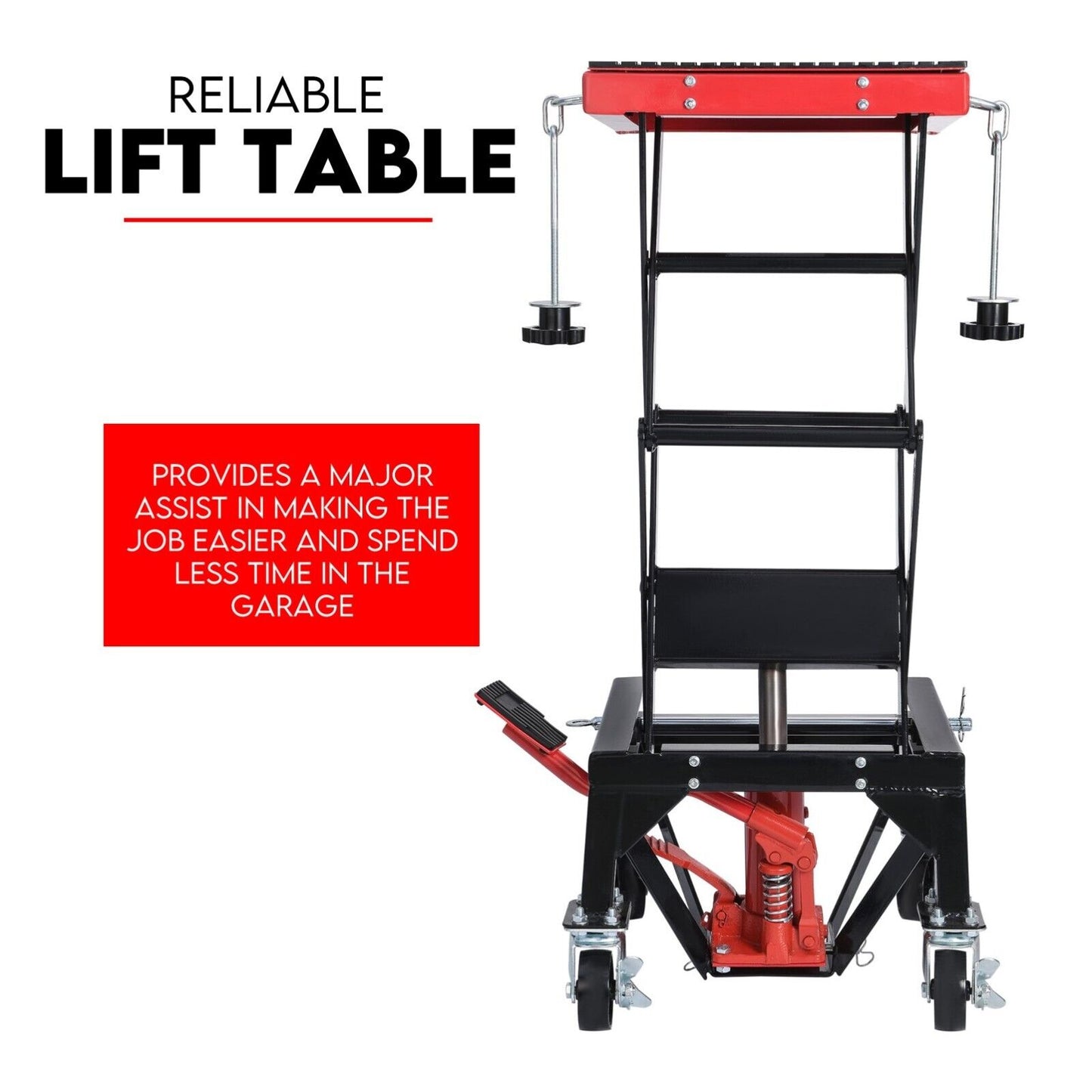 A black and red Motorcycle Scissor Lift Stand 135kg Hydraulic Motorbike Lifter Dirt Bike Jack with a maximum load capacity of 135 kg. The Motorcycle Scissor Lift features a scissor mechanism, four black casters, and a red platform, making it ideal for bike repair and maintenance.