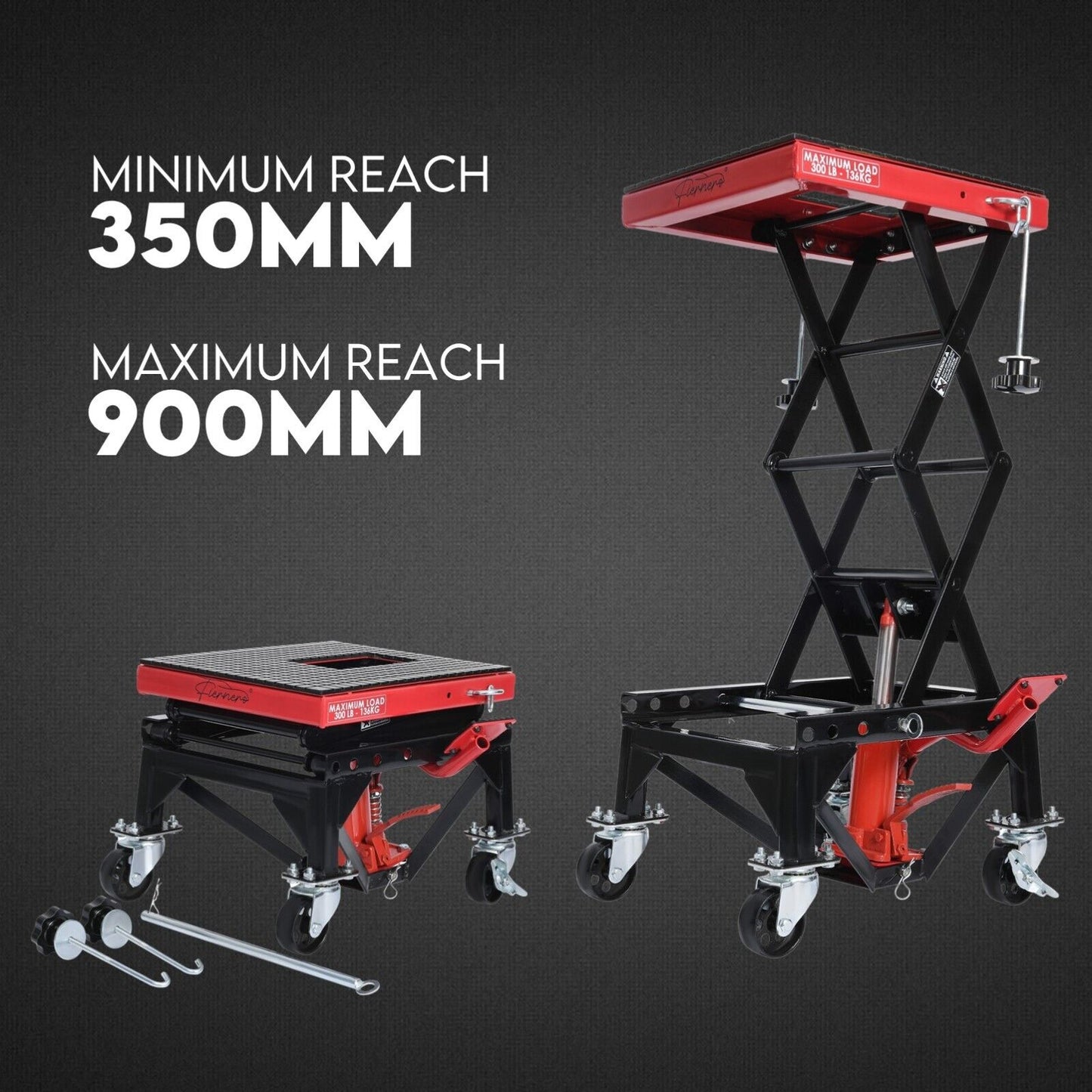 A black and red Motorcycle Scissor Lift Stand 135kg Hydraulic Motorbike Lifter Dirt Bike Jack with a maximum load capacity of 135 kg. The Motorcycle Scissor Lift features a scissor mechanism, four black casters, and a red platform, making it ideal for bike repair and maintenance.