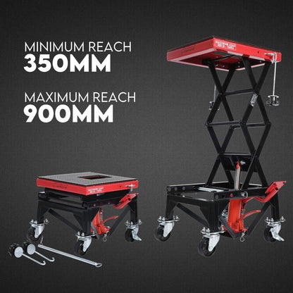 A black and red Motorcycle Scissor Lift Stand 135kg Hydraulic Motorbike Lifter Dirt Bike Jack with a maximum load capacity of 135 kg. The Motorcycle Scissor Lift features a scissor mechanism, four black casters, and a red platform, making it ideal for bike repair and maintenance.