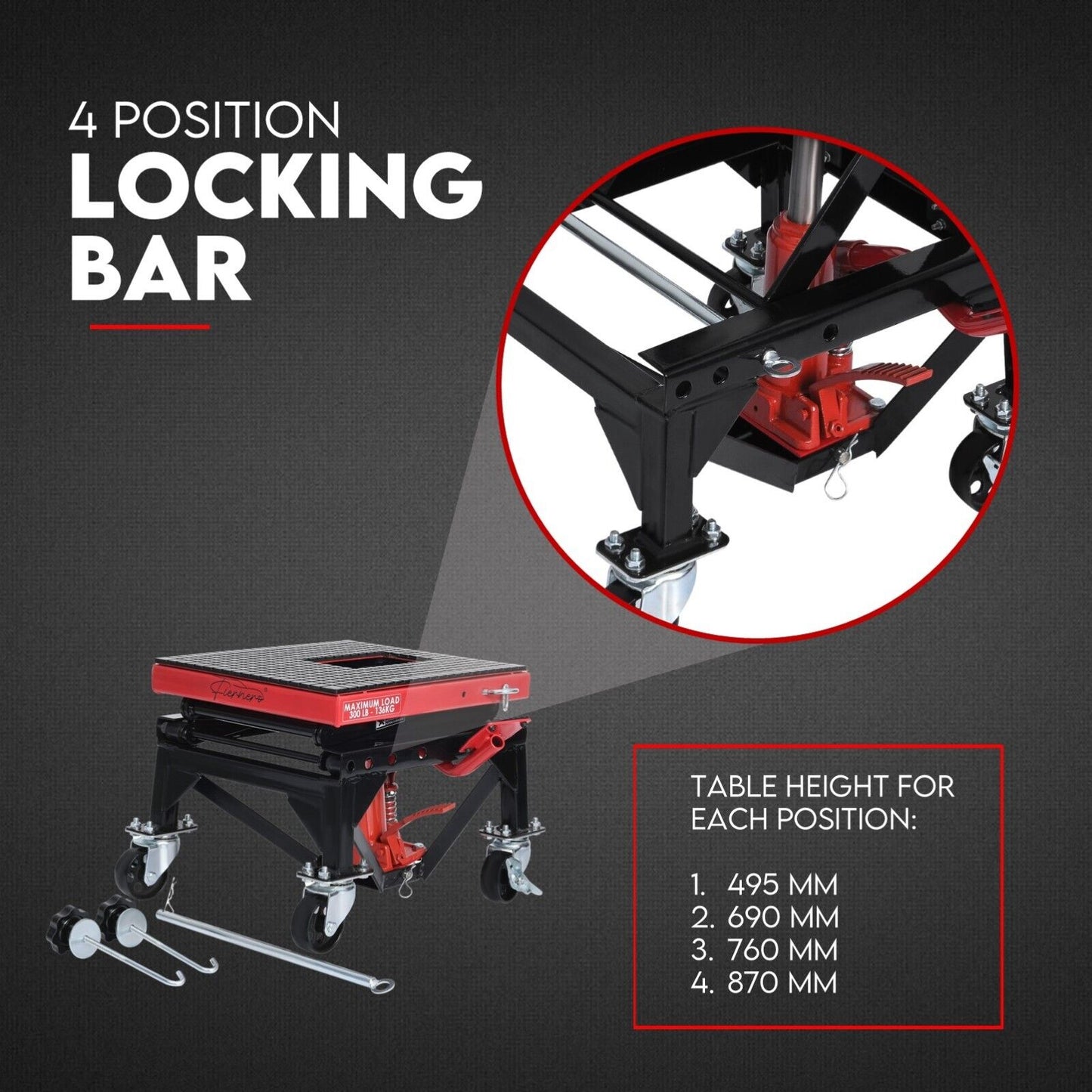 A black and red Motorcycle Scissor Lift Stand 135kg Hydraulic Motorbike Lifter Dirt Bike Jack with a maximum load capacity of 135 kg. The Motorcycle Scissor Lift features a scissor mechanism, four black casters, and a red platform, making it ideal for bike repair and maintenance.