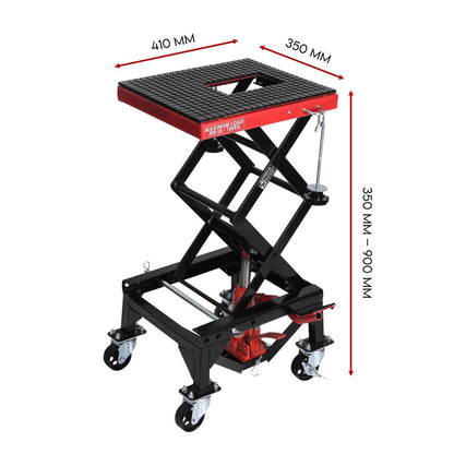 A black and red Motorcycle Scissor Lift Stand 135kg Hydraulic Motorbike Lifter Dirt Bike Jack with a maximum load capacity of 135 kg. The Motorcycle Scissor Lift features a scissor mechanism, four black casters, and a red platform, making it ideal for bike repair and maintenance.