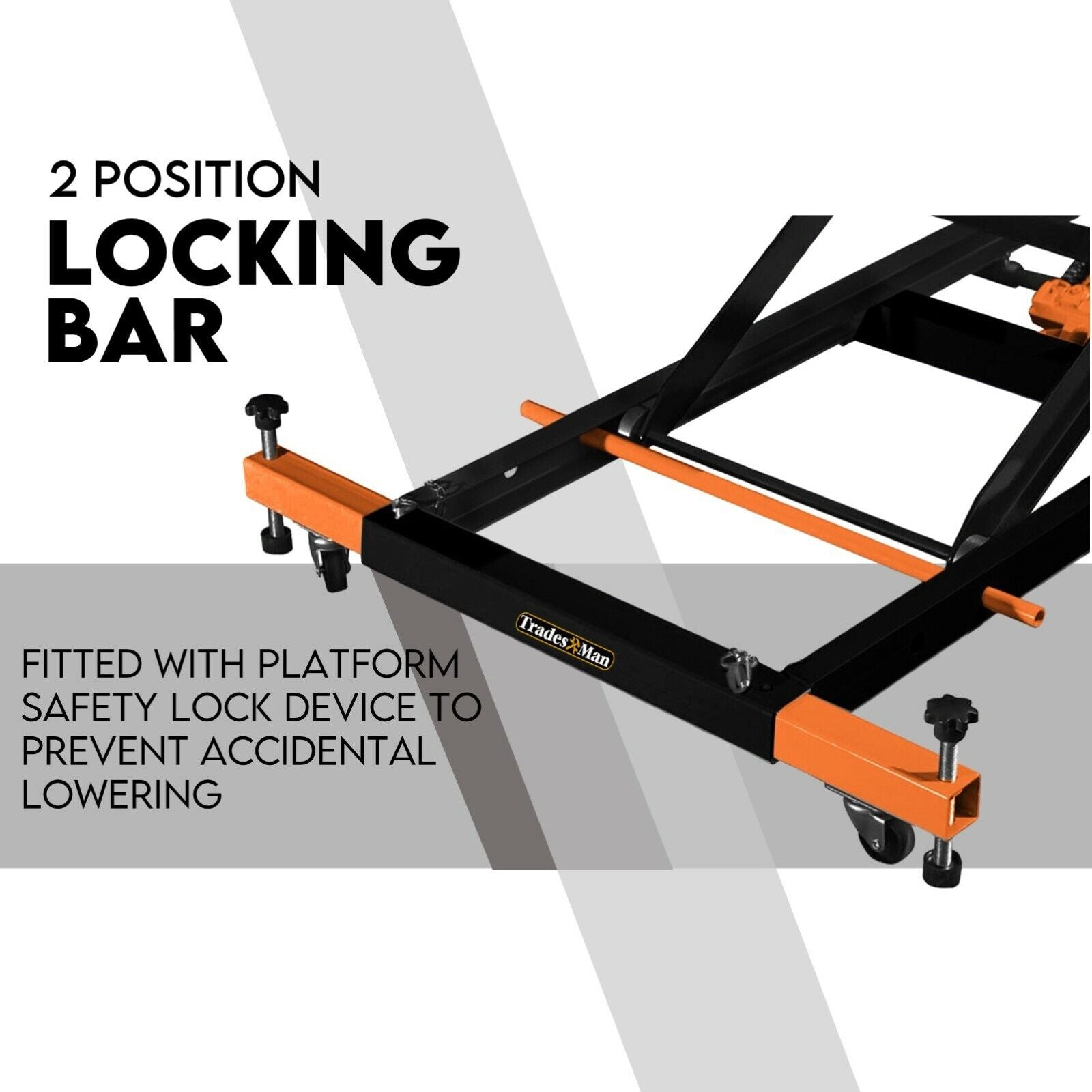 A black and orange Motorcycle Lift 500kg Table Hydraulic Air Bike Jack Mechanic Stand Hoist Lifter. The lift, crafted from heavy-duty steel construction, features a platform with a textured surface and an extendable mechanism for raising and lowering heavy objects. A hydraulic hose is attached, with "500KG CAPACITY AIR/HYDRAULIC LIFT" displayed above.