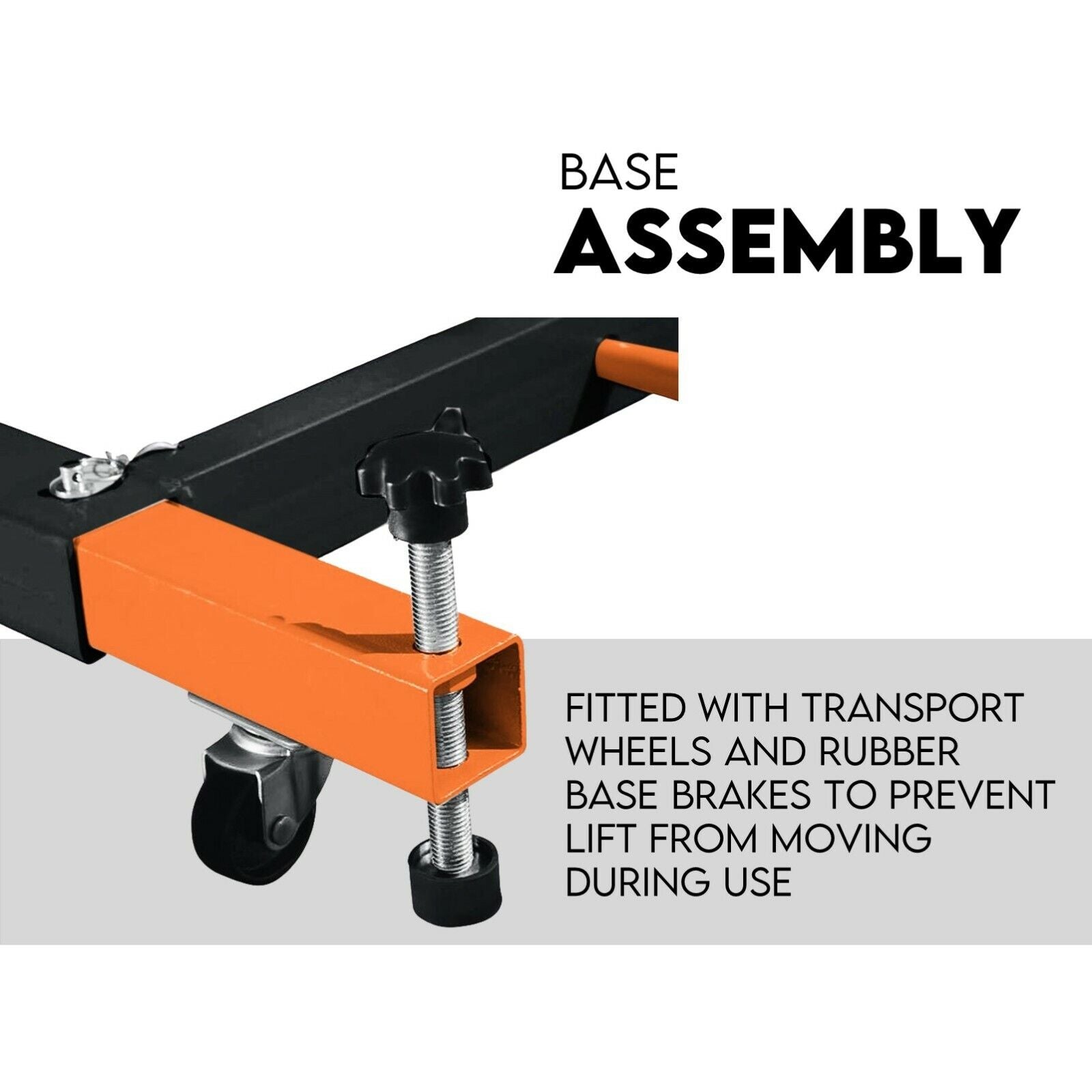 A black and orange Motorcycle Lift 500kg Table Hydraulic Air Bike Jack Mechanic Stand Hoist Lifter. The lift, crafted from heavy-duty steel construction, features a platform with a textured surface and an extendable mechanism for raising and lowering heavy objects. A hydraulic hose is attached, with "500KG CAPACITY AIR/HYDRAULIC LIFT" displayed above.