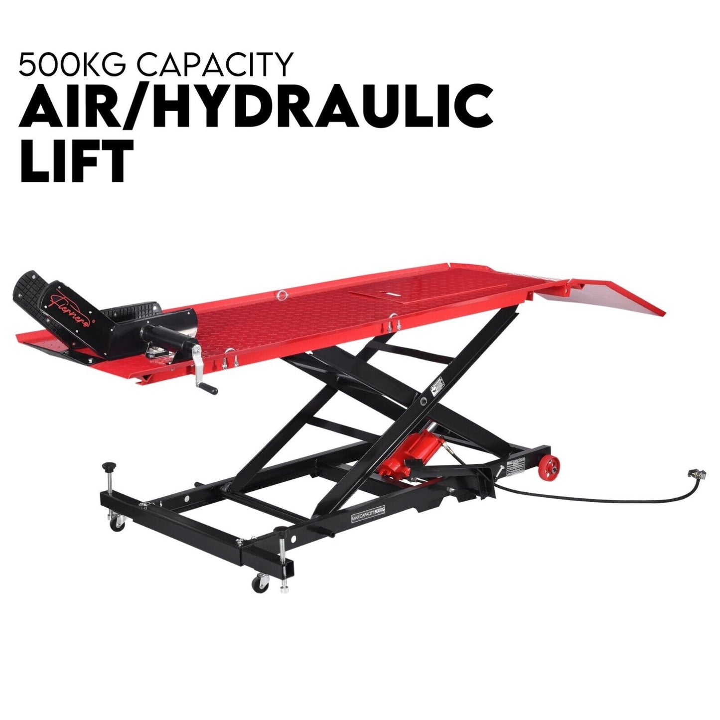 A Motorcycle Lift 500kg Table Hydraulic Air Bike Jack Mechanic Stand Hoist Lifter. The lift features a rectangular platform, adjustable height mechanism, non-slip surface, and mechanical hand lever. The text "500KG CAPACITY AIR/HYDRAULIC LIFT" is in the top left. Perfect for any shop air lift setup.