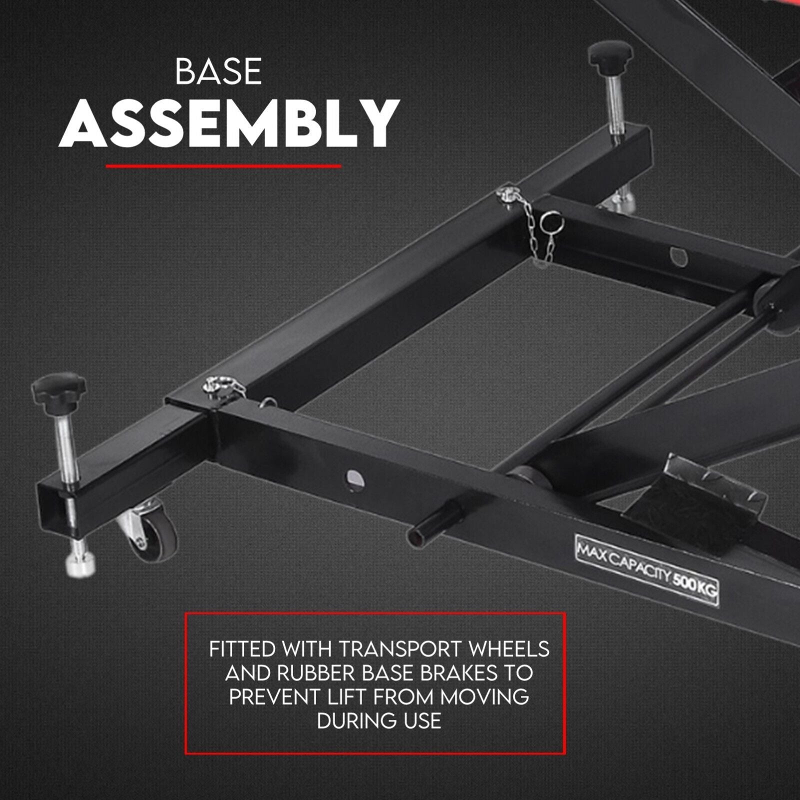 A Motorcycle Lift 500kg Table Hydraulic Air Bike Jack Mechanic Stand Hoist Lifter. The lift features a rectangular platform, adjustable height mechanism, non-slip surface, and mechanical hand lever. The text "500KG CAPACITY AIR/HYDRAULIC LIFT" is in the top left. Perfect for any shop air lift setup.