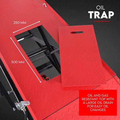 A Motorcycle Lift 500kg Table Hydraulic Air Bike Jack Mechanic Stand Hoist Lifter. The lift features a rectangular platform, adjustable height mechanism, non-slip surface, and mechanical hand lever. The text "500KG CAPACITY AIR/HYDRAULIC LIFT" is in the top left. Perfect for any shop air lift setup.