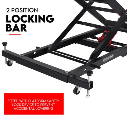 A Motorcycle Lift 500kg Table Hydraulic Air Bike Jack Mechanic Stand Hoist Lifter. The lift features a rectangular platform, adjustable height mechanism, non-slip surface, and mechanical hand lever. The text "500KG CAPACITY AIR/HYDRAULIC LIFT" is in the top left. Perfect for any shop air lift setup.