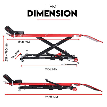 A Motorcycle Lift 500kg Table Hydraulic Air Bike Jack Mechanic Stand Hoist Lifter. The lift features a rectangular platform, adjustable height mechanism, non-slip surface, and mechanical hand lever. The text "500KG CAPACITY AIR/HYDRAULIC LIFT" is in the top left. Perfect for any shop air lift setup.