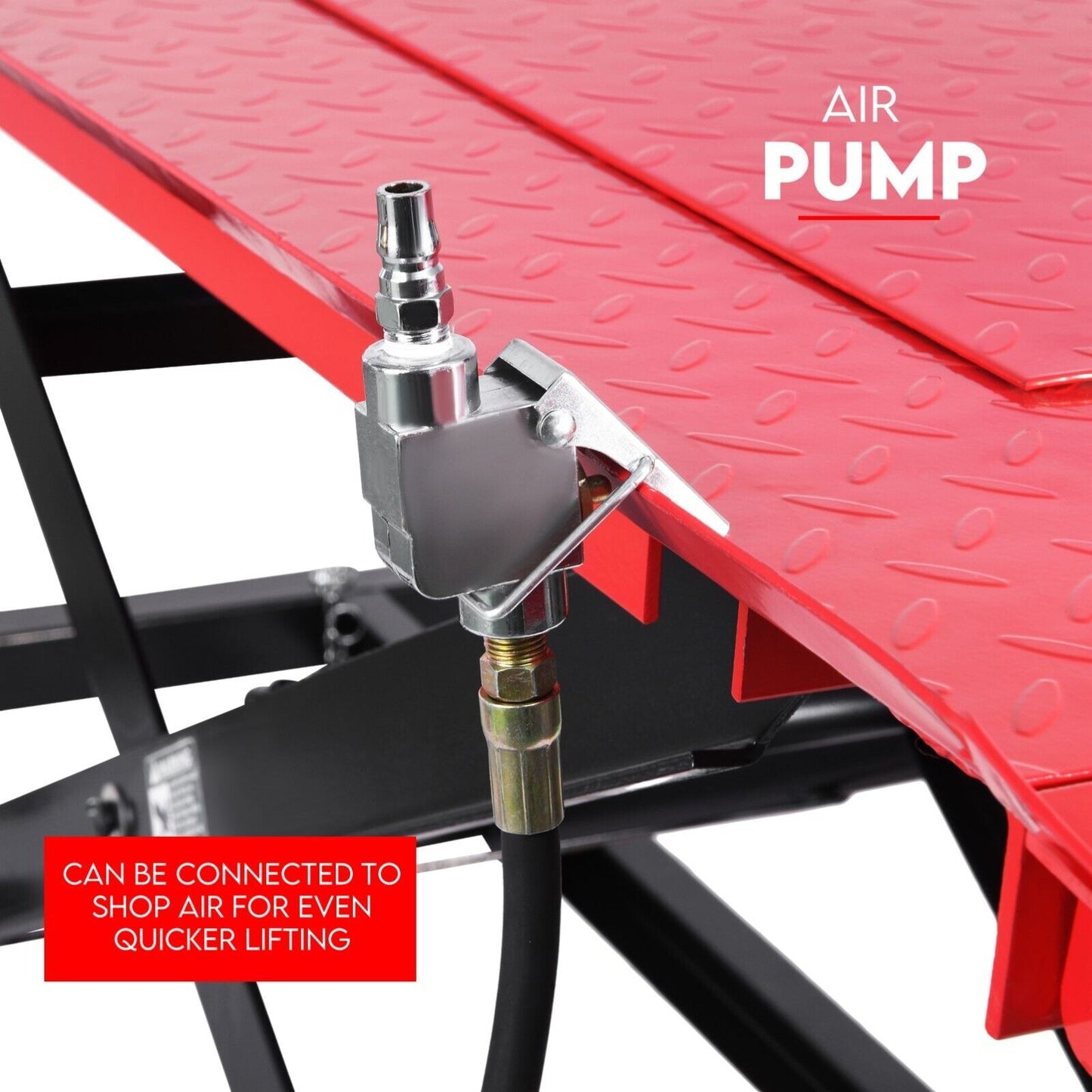 A Motorcycle Lift 500kg Table Hydraulic Air Bike Jack Mechanic Stand Hoist Lifter. The lift features a rectangular platform, adjustable height mechanism, non-slip surface, and mechanical hand lever. The text "500KG CAPACITY AIR/HYDRAULIC LIFT" is in the top left. Perfect for any shop air lift setup.